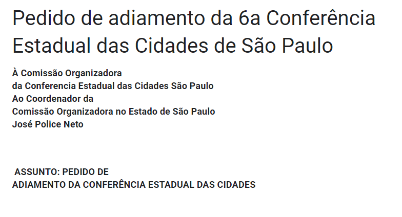 PEDIDO DE ADIAMENTO DA CONFERÊNCIA ESTADUAL DAS CIDADES