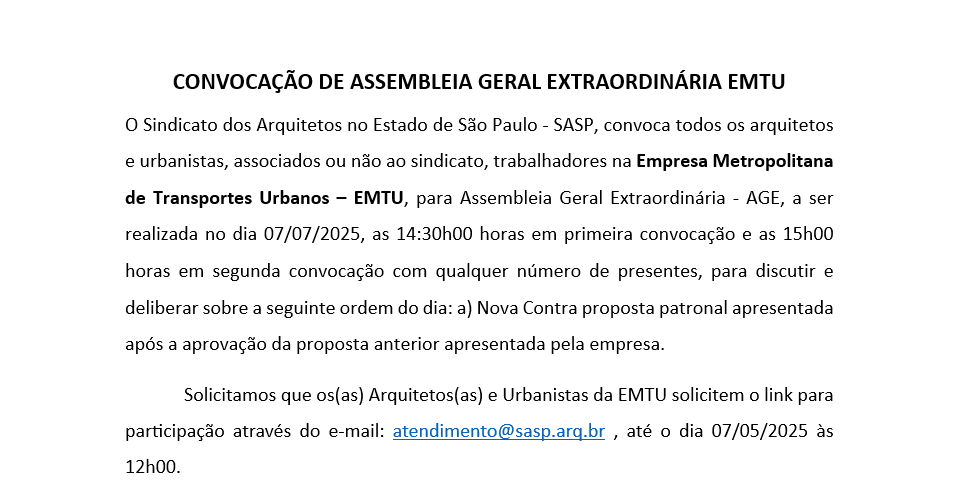 CONVOCAÇÃO DE ASSEMBLEIA GERAL EXTRAORDINÁRIA EMTU