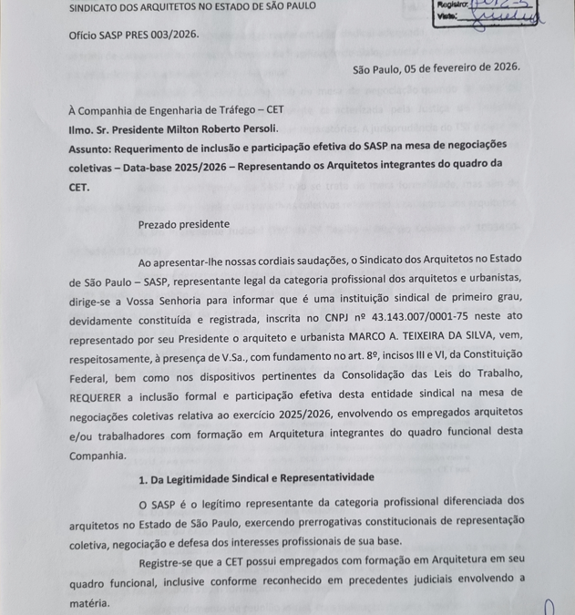 SASP protocola ofício requerendo inclusão e participação nas mesas de negociações coletivas na CET